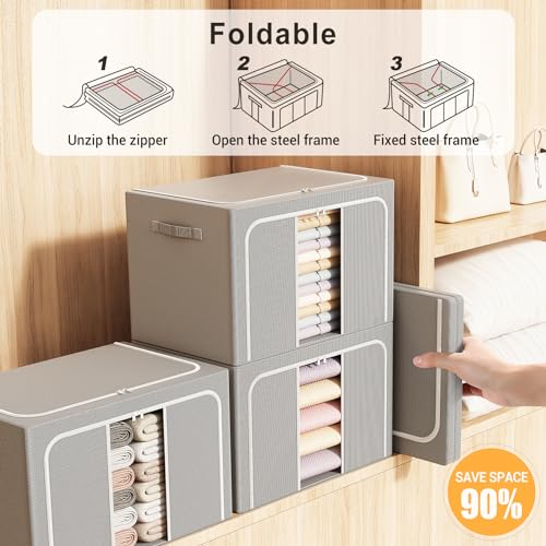 Clothes Storage Bins with Metal Frame Foldable Storage Box Clothes Organizers Storage Containers for Clothes Sheets Blankets Books Toys Gifts and Holiday Decorations (24Lx3 Pack) - color: Light gray, size: 24L（15.7“X11.81"X7.87")