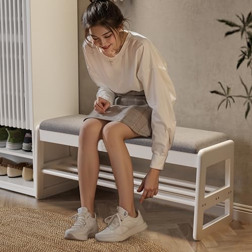 AQIMUELE Shoe Rack Bench,2 Tiers Shoe Bench with Storage with Flip-Top,Wood Shoe Rack for Entryway,Hallway（White Upholstered Seat,11.8" D x 39.3" W x 15.7" H） - color: White Upholstered Seat, size: 11.8"D x 39.3"W x 15.7"H