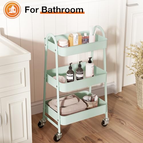 NEWBULIG 3-Tier Rolling Utility Cart with Locking Wheels, Slim Metal Mobile Storage Organizer Shelf for Small Spaces, Bathroom, Living Room, Green - color: Green, size: 3-Tiers