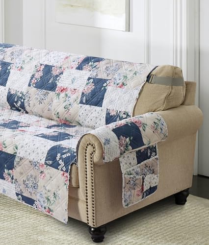 Brilliant Sunshine Roses in Beige Couch Sofa Armrest 5 Pockets Organizer, Slip Resistant Recliner Armchair Caddy, Washable Remote Controls Holder, Storage for Magazine, Phone, 35×13", Vintage Indigo - color: Vintage Indigo