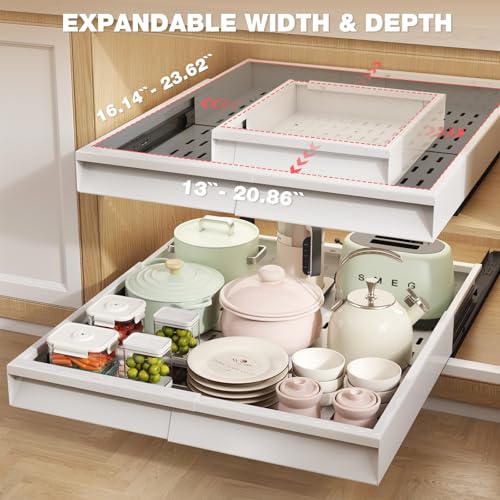Seinloes 4 Pack Pull Out Cabinet Organizer With Raising Pad for Framed Cabinets,Expandable Width (13"-21") and Depth (17"-24"),3 Slide Rails Slide Out Drawers with Handle,No-Drill Roll Out Shelf,White - color: White, size: 13"-21"W x 17"-24"D(4Pack)