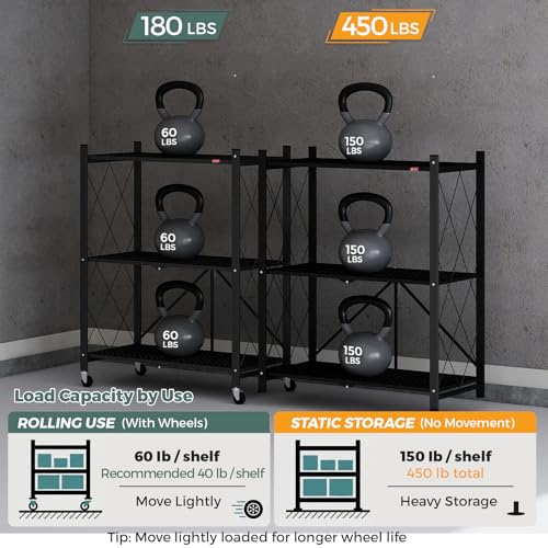 DEANIC 3 Tier Foldable Storage Shelves with Wheels, Kitchen Appliance Stand, Freestanding Metal Wire Shelf Rack, No Assembly Organizer Rolling Cart for Garage, Basement, Pantry (Black) - color: Black