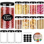 SLifeJars Clear Plastic Jars 32oz 12Pack Big Round PET Plastic Containers with Black Screw On Lids Reusable Empty Storage Jars with Lid Clear Containers for Household and Kitchen Organizing
