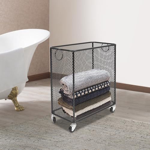 Metal Laundry Storage Cart - Slim, Mesh Wire Rolling Laundry Hamper with Wheels & Ring Handles, Clothes or Linen Storage Organizer Hamper Bin Laundry Basket, 9"L x 17"W x 18"H, Black - color: Black, size: Slim Rectangular - 9"W