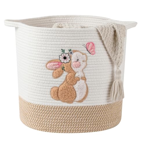 INough Large Blanket Baskets for Living Room, Bunny Baskets Toy Storage Basket Woven Cotton Rope Basket for Kids, Toys Organizer Clothes Hamper with Embroidery, Laundry Hamper Nursery Decor ( Large ) - color: Bunny, size: Large