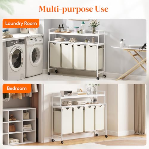 Lifewit Laundry Hamper 4 Section, 168L Pull out Laundry Clothes Basket Organizer with Large Top Shelf and 4 Removable Bags and Handles for Laundry Room Bedroom Bathroom, White with Shelves and Wheels - color: White, style: Laundry hamper with shelves and