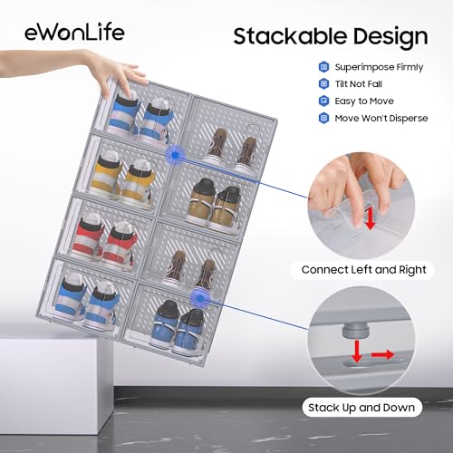 eWonLife Large Shoe Organizer Storage Box with Magnetic Door,12 Pack Clear Plastic Stackable Sneaker Containers for Closet, Connect Left and Right Shoe Box for Entryway, Drop Front, Under Bed (Grey) - color: Grey