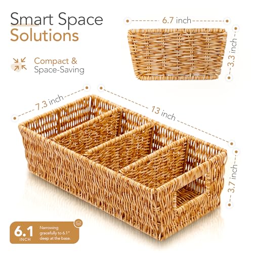 Nature-Inspired Rattan Pantry Organizer Baskets Set of 2 with 3 Removable Dividers – Handwoven Storage Bins for Kitchen or Bathroom Organization, Ideal for Snacks, Coffee & Tea (13” x 7.3” x 3.7”)