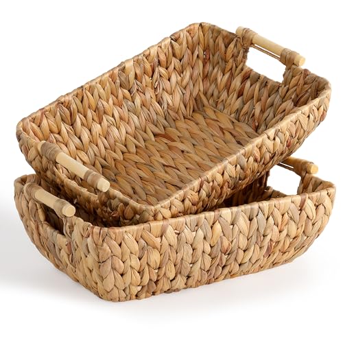 Water Hyacinth Storage Baskets with Wooden Handles，Large Wicker Baskets for Organizing Set of 2