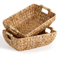 Water Hyacinth Storage Baskets with Wooden Handles，Large Wicker Baskets for Organizing Set of 2