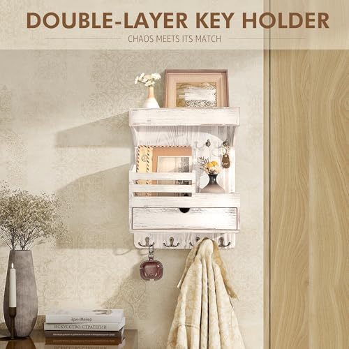 Rebee Vision Farmhouse Key Holder Wall Mount with Drawer Organizer – Pine Wooden Mail and Key Organizer for Wall with 6 Rustic Hooks & Floating Shelf – Chic Home Decor Accent (Whitewash) - color: Whitewash, style: Large Drawer