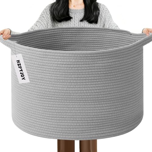 65L Large Blanket Basket,Woven Rope Laundry Basket Hamper with Handles,Decorative Nursery Basket Storage Bin for Toys, Pillows , Clothes Organizer, Living Room, Bedroom, Bathroom, Light Gry - color: Light Grey, size: 19.7"L x 19.7"W x 13"H(65L)