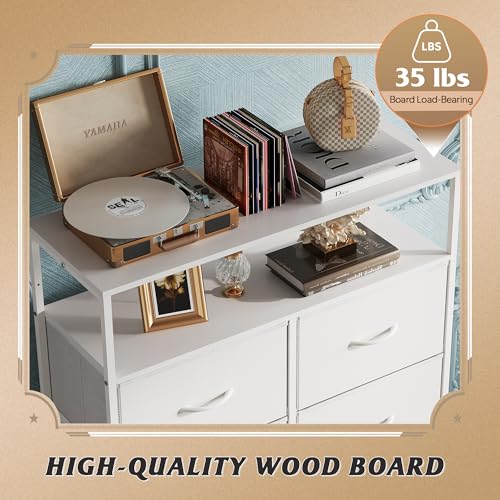 WLIVE Fabric Dresser for Bedroom with Open Shelves, Tall White Dressers with 8 Drawers, Storage Tower with Fabric Bins, Chest of Drawers for Closet, Hallway - color: White, style: Raised Shelves