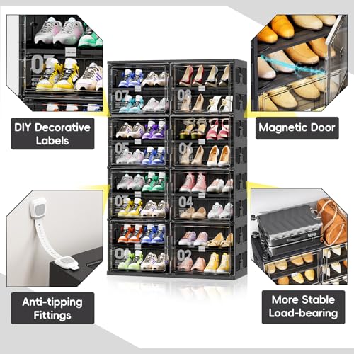 JEKO&JEKO 8 Tiers Foldable Shoe Rack Organizer Cabinet for Closet Entryway, Large Collapsible Shoe Storage Box with Magnetic Doors (Black) - color: Double-row, size: 8 Tiers