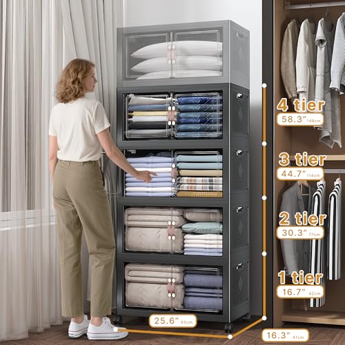 UAMFURI Extra Large Stackable Storage Bins with Lids & Wheels, 480QT-120QT/30GAL*4Pack Foldable Collapsible Closet Organizers Storage Cabinet with Doors for Bedroom Dorm - color: Black, size: 4PACK-25"W16"D58"H