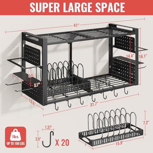 31 Inch Pot Rack Wall Mounted，3 in 1 Pots and Pans Organizer with 2 tier Kitchen Racks & Pot Lid Organizer Holder and 20 Hooks,Heavy Duty Hanging Pot Hanger for Kitchen Cookware, Utensils, Black - style: with Pot Lid Holder