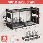 31 Inch Pot Rack Wall Mounted，3 in 1 Pots and Pans Organizer with 2 tier Kitchen Racks & Pot Lid Organizer Holder and 20 Hooks,Heavy Duty Hanging Pot Hanger for Kitchen Cookware, Utensils, Black - style: with Pot Lid Holder