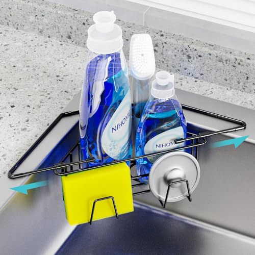 NiHome Extendable Arm Stainless Steel Kitchen Sink Corner Caddy, Easy Install Space-Saving Adjustable Sponge Holder, Non-Slip Rust-Resistant for Brushes, Soap, Sponges (Black) - color: Black