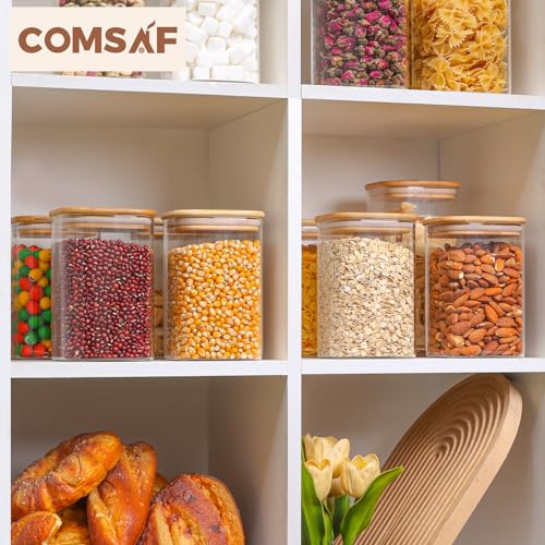 ComSaf 1.2 Qt Glass Storage Containers with Lids, Glass Jars with Lids, Clear Food Storage Jar, Square Canister Set of 9, Pantry Organizers and Storage for Cookie Flour Oat Pasta Tea Coffee Bean - size: 1.2Qt*9