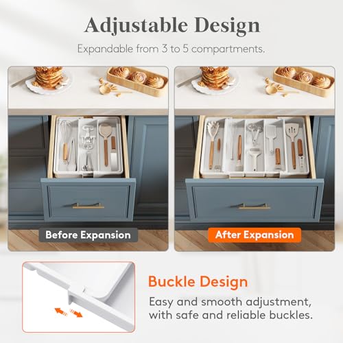 Lifewit Utensil Organizer for Kitchen Drawers, Expandable Cooking Utensil Tray, Adjustable Cutlery Silverware Flatware Holder, Plastic Spatula Tools Storage Divider, 11-18 x 14", White - color: White, size: Medium(11-18''W x 14''D)
