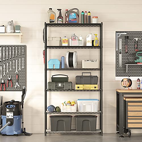 SONGMICS 6-Tier Storage Shelves, Wire Shelving Unit, Kitchen Metal Shelves, Storage Rack with Adjustable Shelves, Shelf Liners, 8 Hooks, for Garage, 13.8 x 35.4 x 69.7 Inches, Black ULGR096B01 - color: Ink Black, size: 6 Tiers (13.8"D x 35.4"W), style: Wi