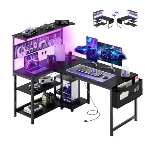 Apicizon L Shaped Desk Gaming Desk with LED Light & Power Outlet, 47 Inch Reversible Computer Desk with Pegboard & Shelf & Storage Bag for Home Office, Black - color: Black, size: 48 in
