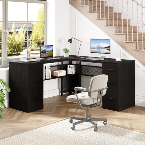 HSH Black L Shaped Desk with File Drawers Shelves, Reversible Corner Metal Wood Computer Desk with Storage Cabinet, Modern Large Executive Work Writing Study Table for Home Office Bedroom, 59 Inch - color: Black Oak