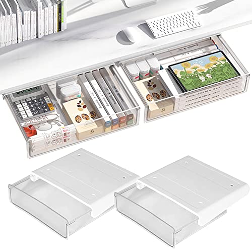 Self-adhesive Under Desk Drawer Organizer, 2 Pack Table Hidden Slide Out Large Storage Mounted Desktop Pencil Holder Tray Drawers for Office Home School Stationery Kitchen (Large, White) - color: Matte White, size: Large