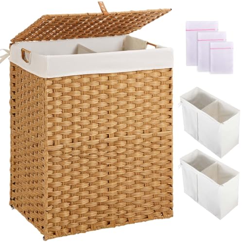 Greenstell Laundry Hamper No Install Needed, Divided Clothes Hamper with 2 Removable Liner Bags, 90L Handwoven Synthetic Rattan Laundry Basket with Lid and Handles, Foldable Natural - color: Natural, size: 90L (18.3x13.3x24.0 Inches)