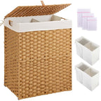 Greenstell Laundry Hamper No Install Needed, Divided Clothes Hamper with 2 Removable Liner Bags, 90L Handwoven Synthetic Rattan Laundry Basket with Lid and Handles, Foldable Natural - color: Natural, size: 90L (18.3x13.3x24.0 Inches)