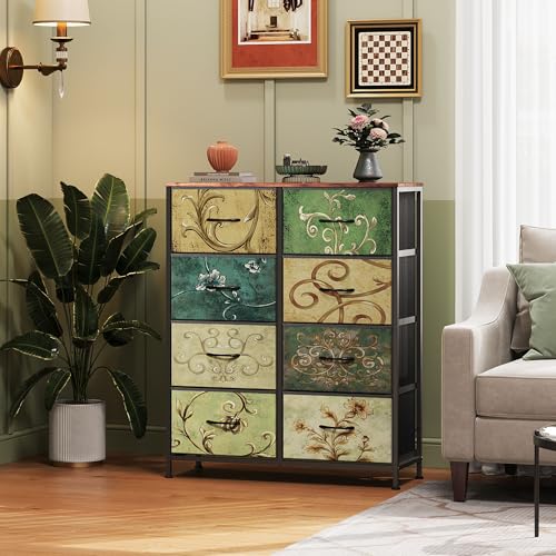 WLIVE Tall Fabric Dresser with 8 Drawers, Storage Tower with Fabric Bins, Double Dresser, Chest of Drawers for Closet, Bedroom, Living Room, Hallway, Dorm, Floral Painted - color: Floral Painted, style: General