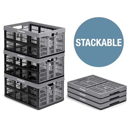 CleverMade Collapsible Utility Crate, Stone, 1PK - 32L (8 Gal) Collapsible Storage Bins, Holds 40lbs Per Bin - Plastic Stackable Grated Wall Utility Containers, CleverCrates Baskets