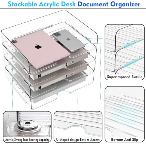 Paper Organizer Letter Tray, 4 Pack Acrylic Stackable Desk File Organizer,Versatile Clear Office Organizer for File Paper, Ipad, Letter, A4 Office File, Books, Notes, Etc