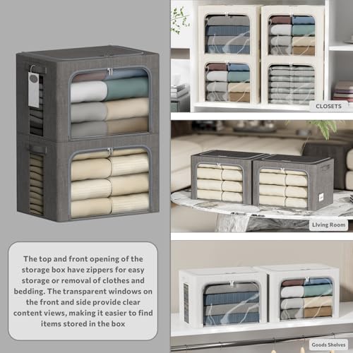 4 Pack Clothes Storage Bins with Metal Frame - 22L Stackable Storage Box with Lid，Foldable Storage Container Organizer for Clothes，Linen Fabric Storage Box with Clear Window＆Zippers＆Handles - color: Grey, size: 22L