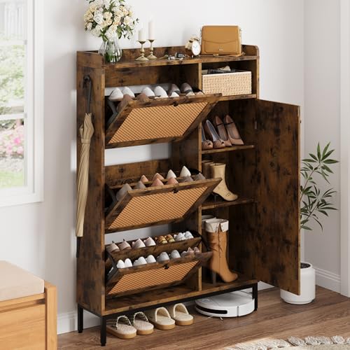 GarveeHome Shoe Cabinet Rattan with 3 Flip Drawers and 4-Tier Shoe Storage Cabinet, Freestanding Shoe Organizer with Adjustable Shelves for Entryway, Closet, Hallway (Brown) - color: Brown, size: 3-Drawers + 1-Door