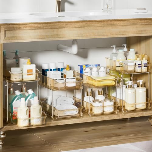 Delamu 2-Tier Under Sink Organizers and Storage, Multi-Purpose Stackable Bathroom Cabinet organizers, Pull Out Kitchen Pantry Organization and Storage with Dividers(4 Pack, Amber) - color: Amber, size: 4 Pack