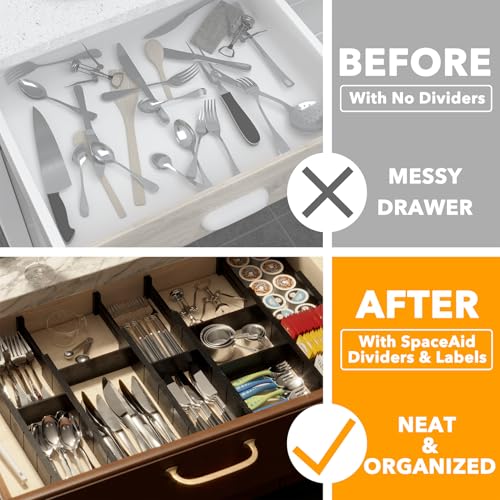 SpaceAid Bamboo Drawer Dividers with Inserts and Labels, Kitchen Adjustable Drawer Organizers, Expandable Organization for Home, Office, Dressers, 7 Dividers with 15 Inserts (17"-22" Black) - color: BLACK, size: 2.35''H, 17''-22''L, 7 Dividers