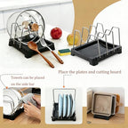 Adjustable Pot Lid Holder with Drip Tray, 2 in 1 Pot Lid Organizer & Spoon Rest, Stainless Steel Lid Holder for Countertop & Cabinet While Cooking, Space Saving Kitchen Pot Cover Rack, Easy Clean