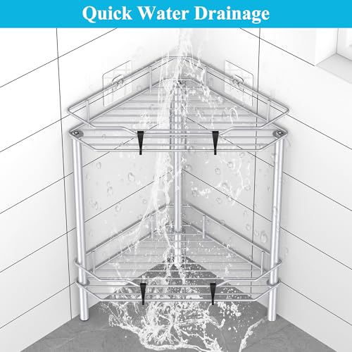 HuggieGems 2 Tier Floor Standing Corner Shower Caddy Organizer Shelf with Hooks, Bathroom Shelves Stand Rack, Silver - color: Silver, size: 2 Tier
