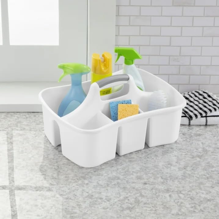 Large Plastic Utility Caddy with 4 Compartments – Heavy-Duty Storage Organizer for Cleaning Supplies, Sponges & Spray Bottles – Easy-Carry Handle (White)