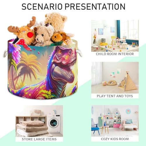 Pink Dinosaur Print Round Storage Basket Dinosaur Forest Large Laundry Hamper 20 x 20 x 14 Inches Organizer Bin with Cotton Rope Handles Clothes Storage Bag for Nursery Bedroom Living Room Decor - color: Purple and Green