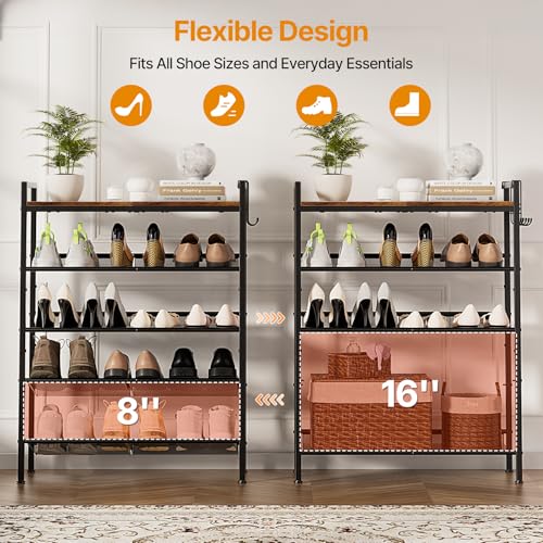 5 Tier Shoe Rack, Shoe Rack for Entryway with Hook, Shoe Organizer with Adjustable Mesh Shelves, Metal Shoe Storage, Closet, Bedroom Living Room Garage - size: 5 Tier