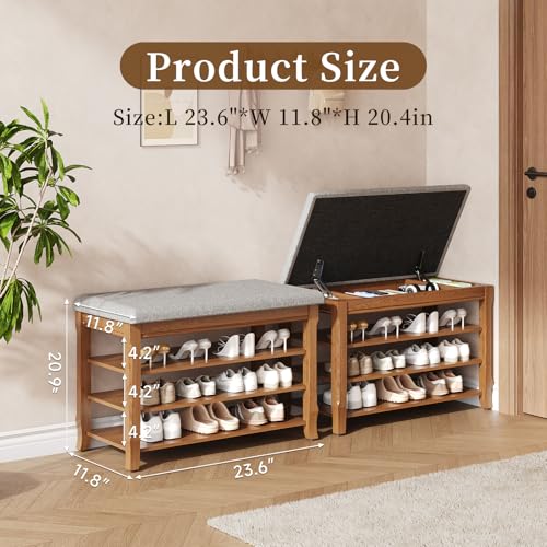 Solid Wood Shoe Bench with Storage, Flip-Top Soft-Close Lid, Adjustable Shelves, Cushioned Entryway Shoe Rack Organizer, 23.6"