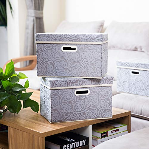 PRANDOM Collapsible Storage Boxes with Lids Fabric Decorative Storage Bins Cubes Organizer Containers Baskets with Cover Handles Divider for Bedroom Closet Living Room 14.9x9.8x9.8 Inch 3 Pack - color: Gray, size: Medium(3-Pack)