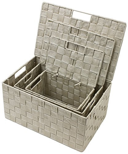 Sorbus Set of 3 Storage Baskets for Organizing with Lid – Mesh Hand-Woven Baskets for Closet, Shelf & Home Storage (Beige, Variety Pack) - color: Beige