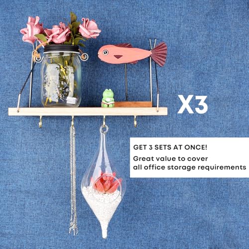 Fabric Wall Cubicle Shelf with Hooks for Work Decor, 11.8' Wooden Cubicle Organizer Storage Shelf with Hangers Cubicle Accessories for Women Men Desk, 3 Pack
