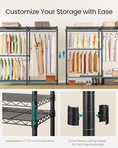 SONGMICS Clothing Rack, Heavy-Duty Garment Rack with Adjustable Storage Shelves and Hanging Rails, Hooks, Freestanding Portable Wardrobe Closet, Cloud White ULGR427BH01 - color: Ink Black, size: 65"L x 76"H, style: Without Fabric Cover