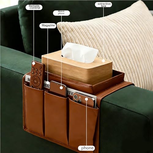 Sofa Armrest Organizer with Spill-Resistant Drink Tray, Multi-Pocket Non-Slip Couch Arm Caddy for Remote Control, Phones, Snacks, Universal Fit for Sofa, Recliner & Armchair - color: coffee