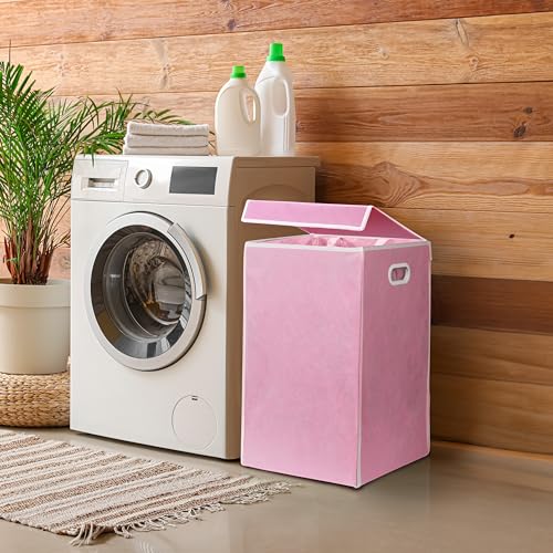 Simple Houseware Foldable Laundry Hamper Basket with Lid, Pink - color: Pink
