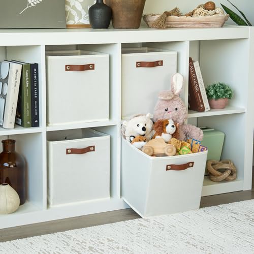 OrganiHaus 11" x 11" x 11" Fabric Cubes Storage Bins Set of 4, Foldable Collapsible Fabric Storage Bins for Organizer, Toy Organizer for Kallax, 11 Inch Linen Cube Shelf Baskets - White - color: Off-White, size: (11x11) Leather Handles